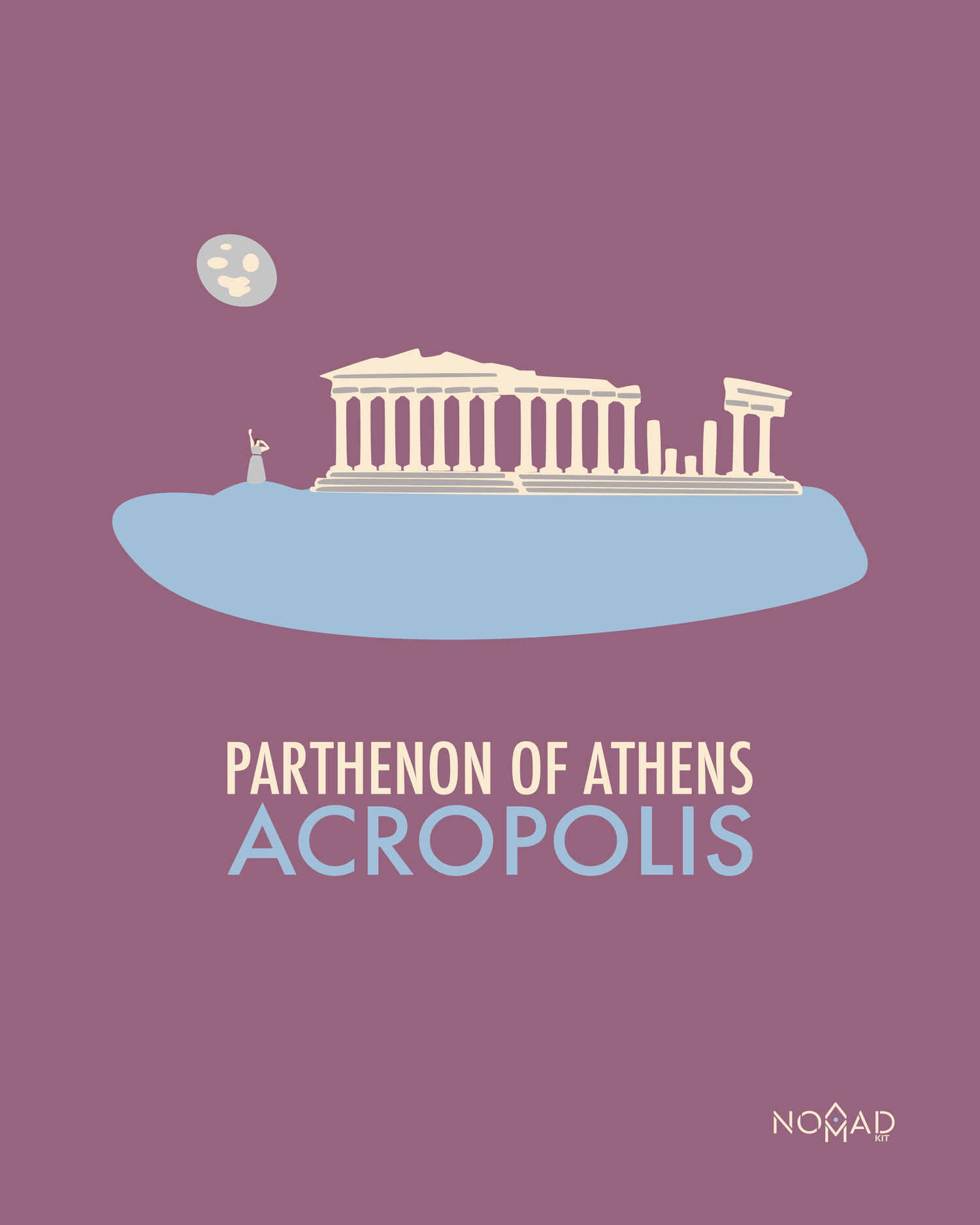 Minimalistic vector design by NOMADkit depicting the ancient Greek Parthenon, an iconic symbol of Athens' Acropolis, set against a dusty mauve background with a pale blue cloud-like base, illuminated by moonlight.