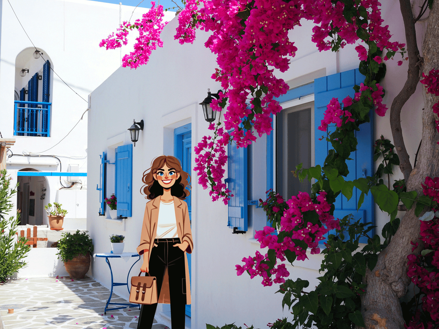 Nomadina, the yoga enthusiast and cultural explorer from NOMADkit, enjoying the vibrant bougainvillea and charming blue shutters in the Cyclades, Greece.